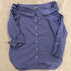 Blue and white pinstripe off the shoulder button down blouse